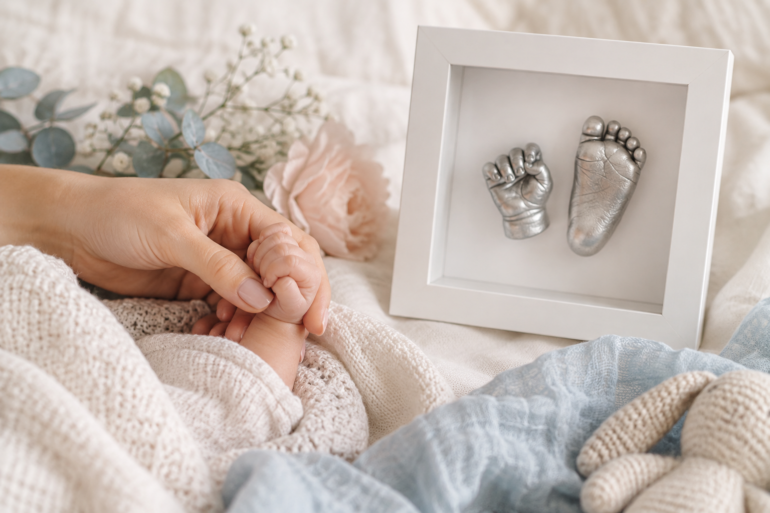 Parent gently holding a baby's hand beside a framed silver hand and foot casting