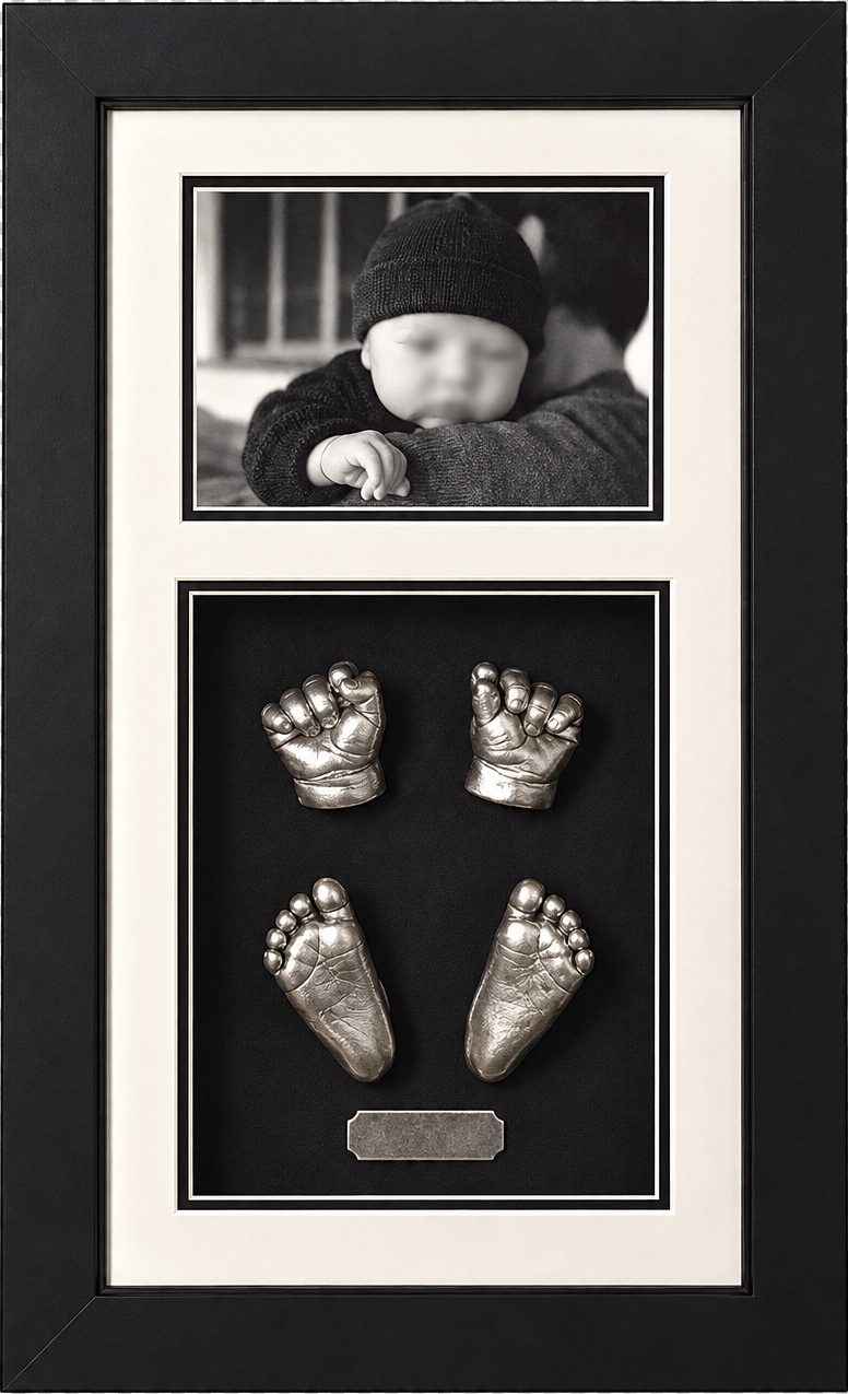 Finished 10 by 18 inch newborn casting with photograph