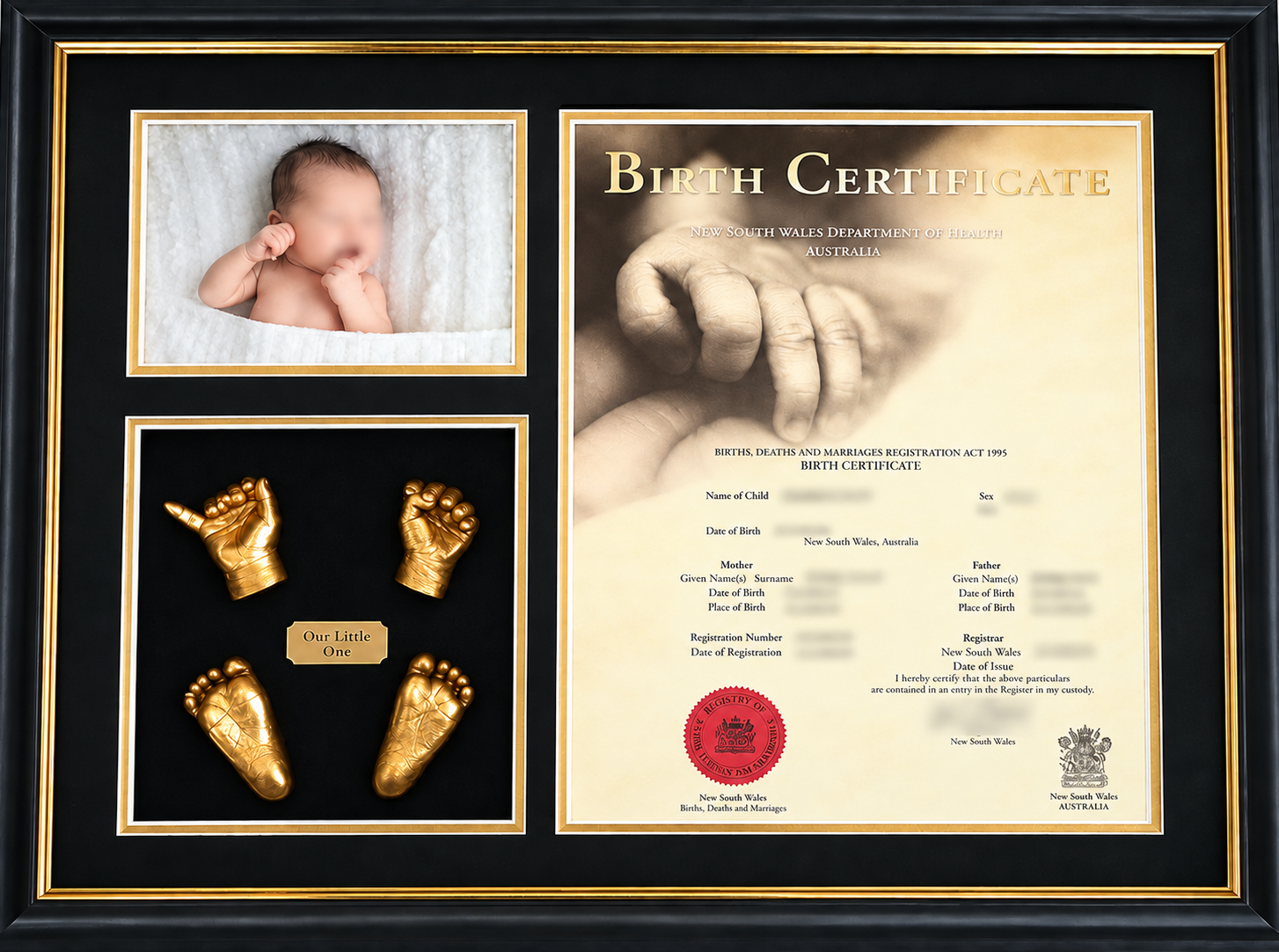 Finished birth certificate keepsake frame with personal details obscured